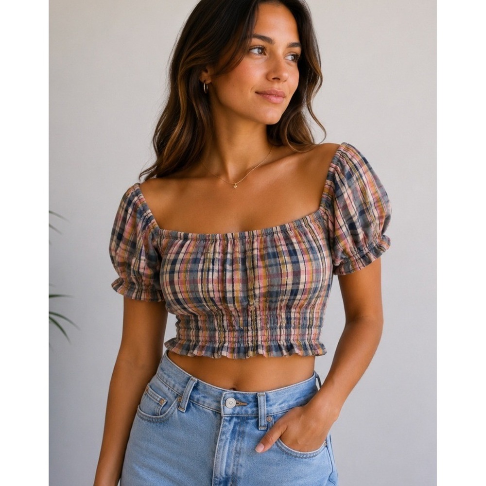 American Eagle Women XL Plaid Smocked Puff Sleeve Crop Top Pink/Blue/Yellow